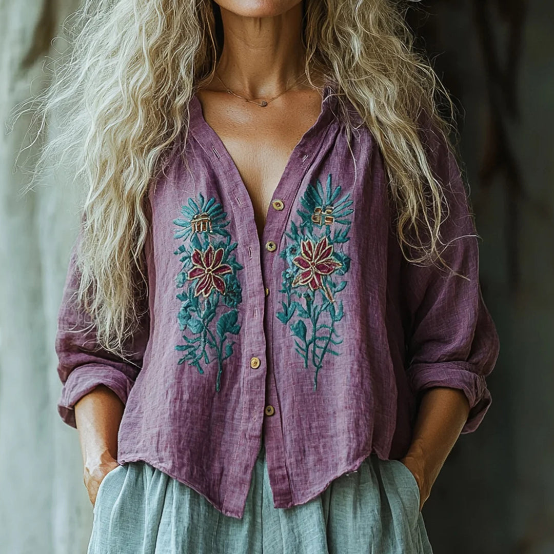 Bohemian Style Linen Floral Art Print Long Sleeve Loose Shirt artswardrobe