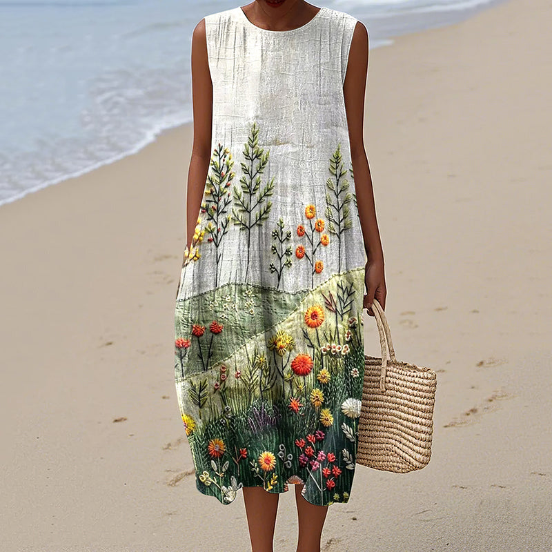 Vintage Loose Hometown Rural Farm Floral Art Sleeveless Cotton And Linen Tank Dress artswardrobe