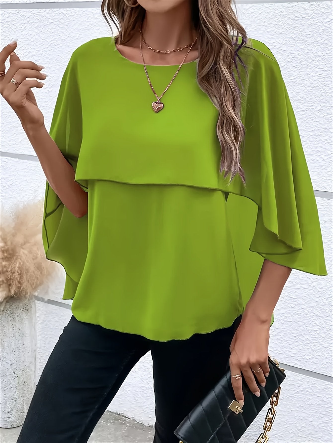 Women's all-match round neck solid color layered cape sleeve chiffon shirt