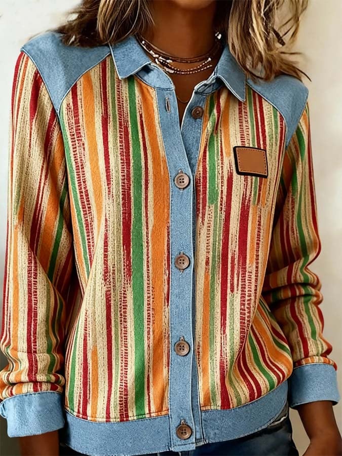 Women'S Casual Lapel Contrast Color Stitching Shirt