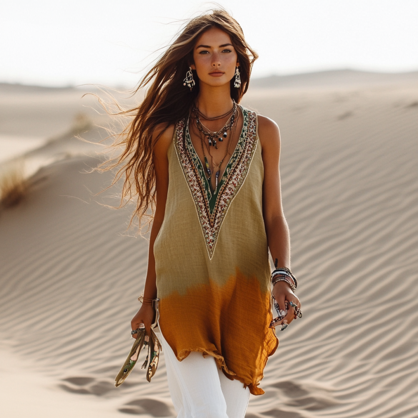 Women's Retro Loose Bohemia Ethnic Style Gradient Art Linen Suspender Sleeveless Top artswardrobe