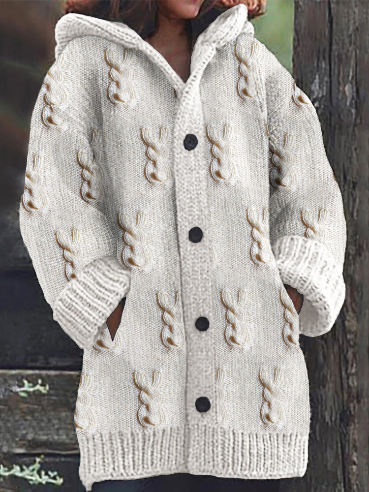 Bunny Pattern Crochet Jaquard Cozy Hooded Cardigan artswardrobe