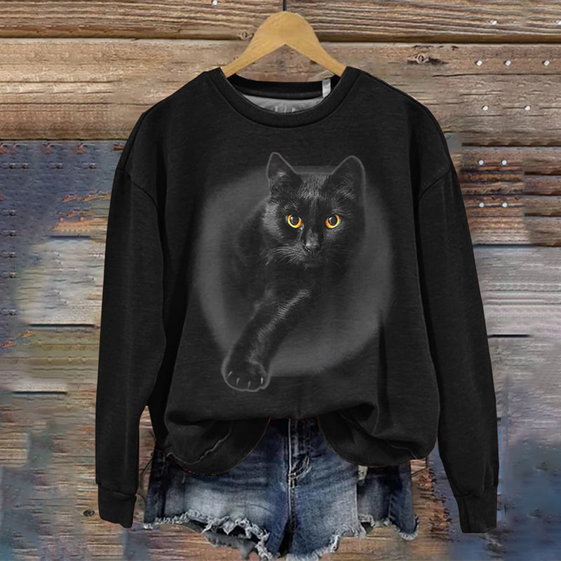 Women's Black Cat Yellow Eyes Print Sweatshirt elevenforest