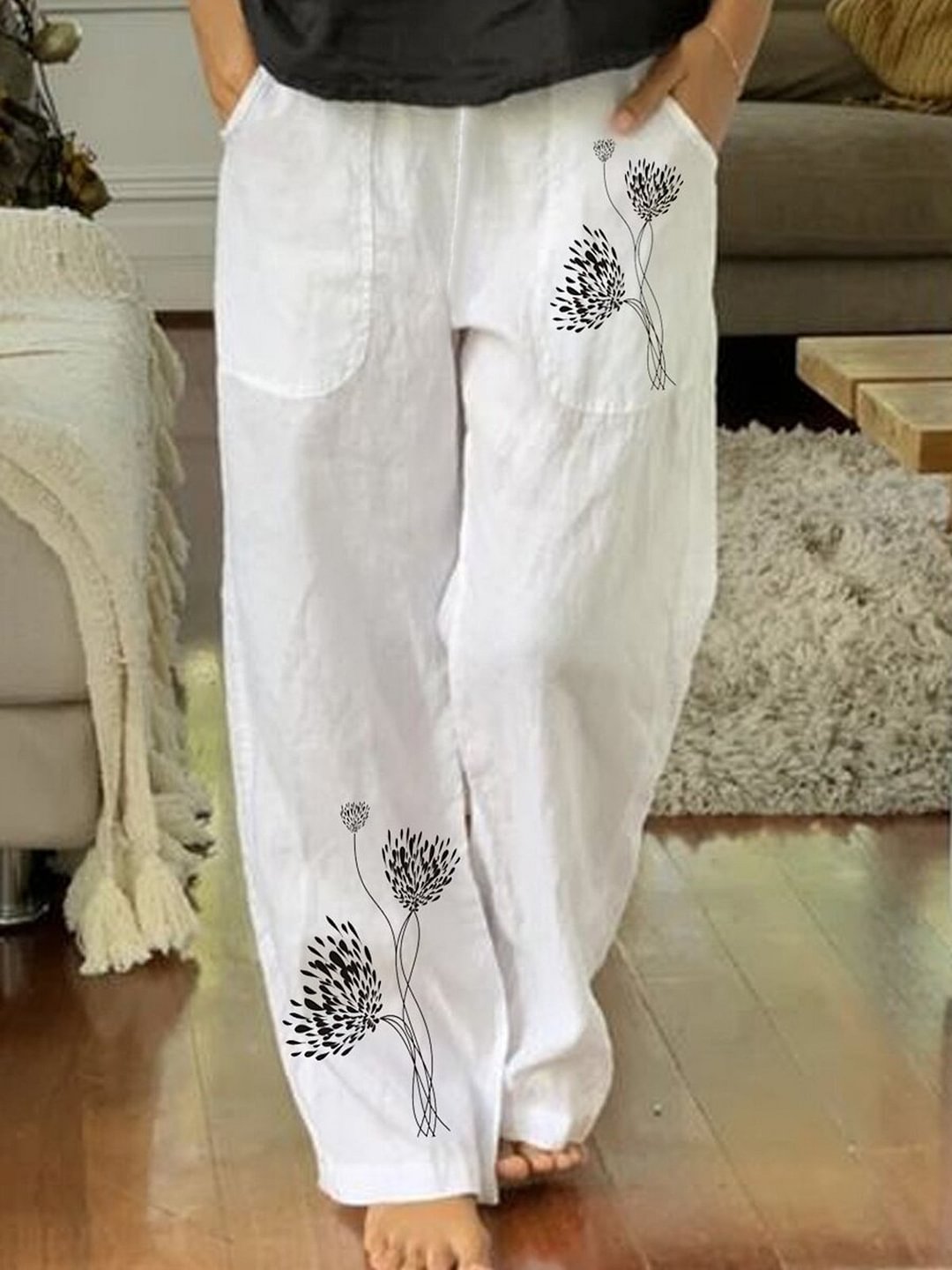White Pockets Shift Casual Elastic Waist Pants