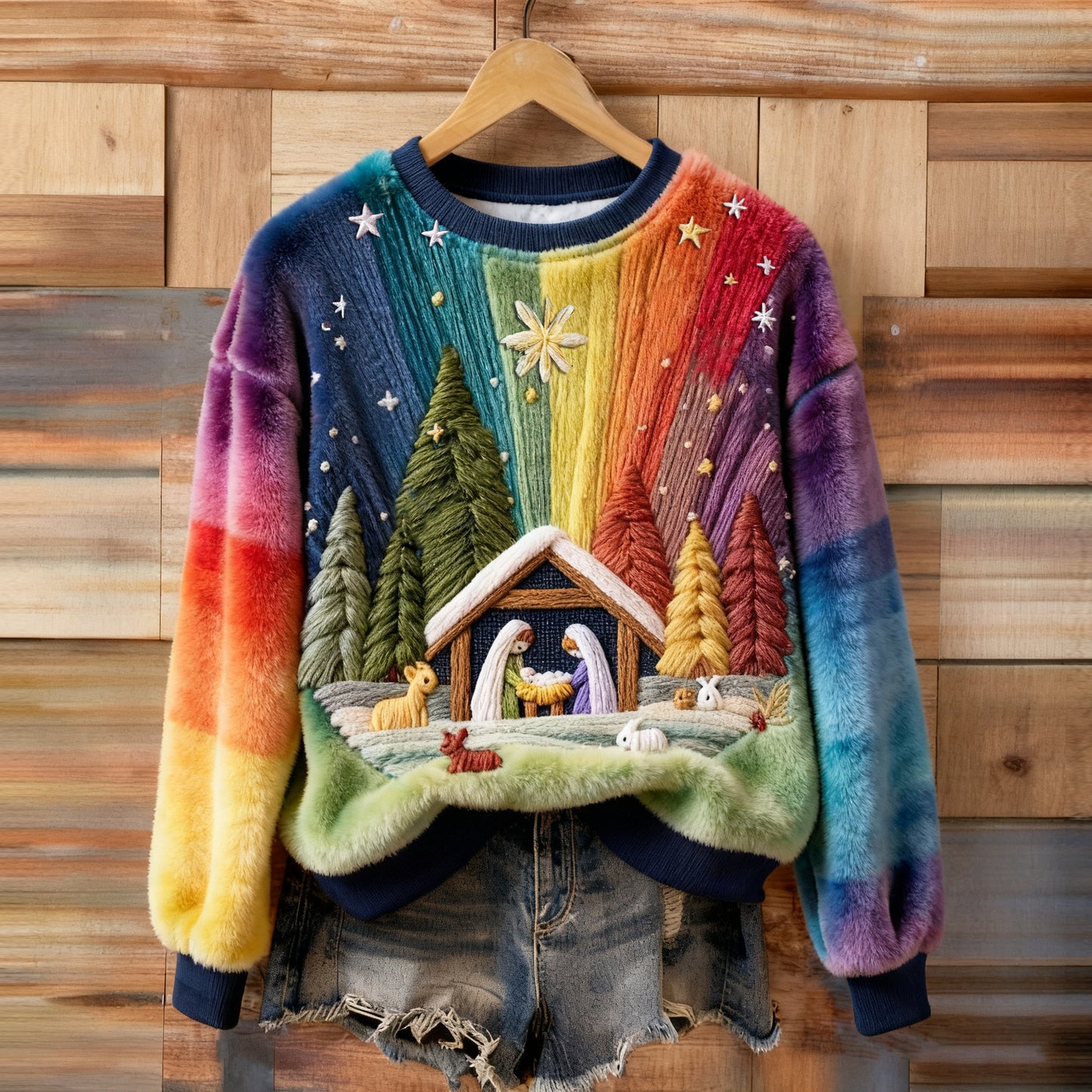 Comstylish The Beauty Of The Christmas Story Embroidered Faith Art Fuzzy Plush Sweatshirt