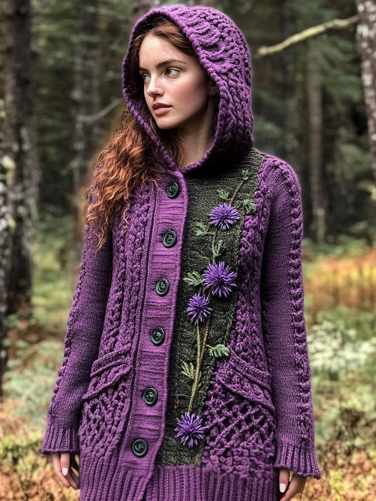 Scottish Thistle Flower Women's Hooded Cardigan elevenforest