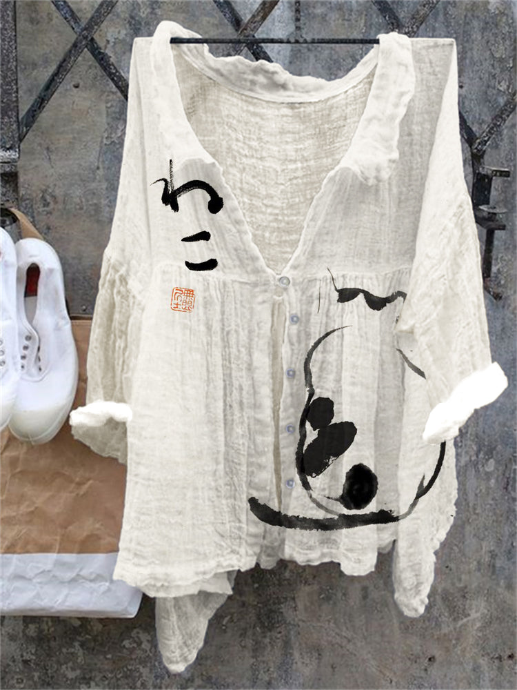 Japanese Art Cat Print Linen Loose Shirt elevenforest