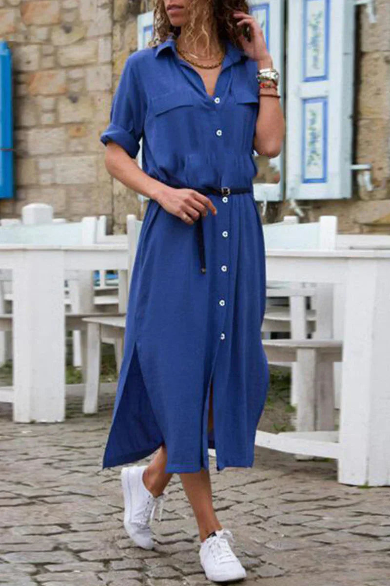 LM | Casual shirt dress with turn-down collar and monochrome patchwork