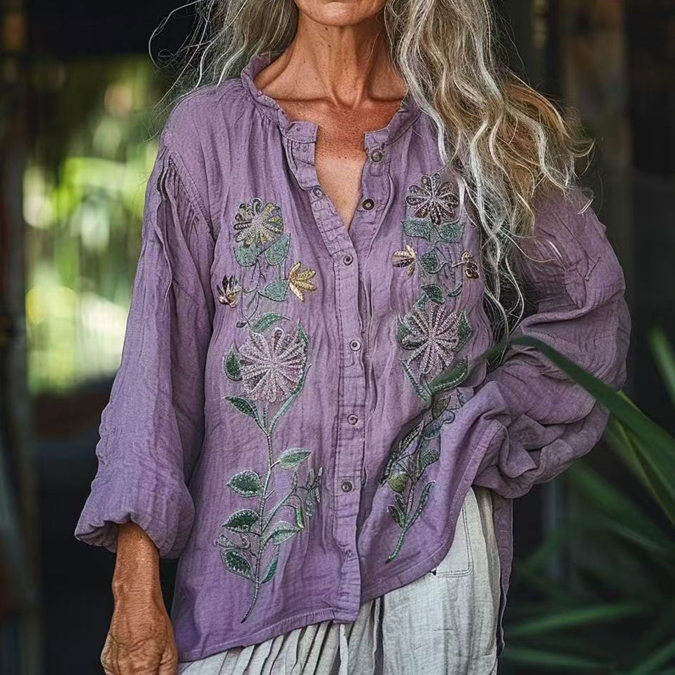 Vintage Bohemian Style Linen Floral Art Print Long Sleeve Shirt artswardrobe