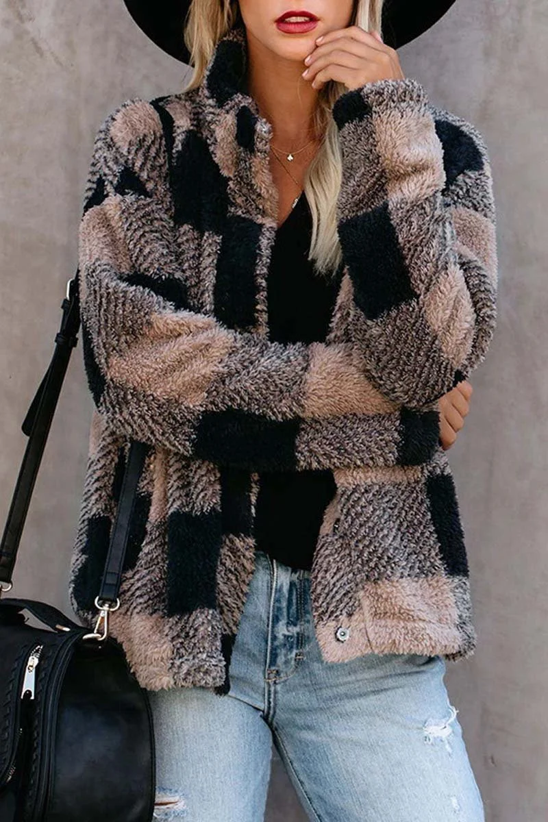 LM | Plush coat with shawl collar and elegant check pattern