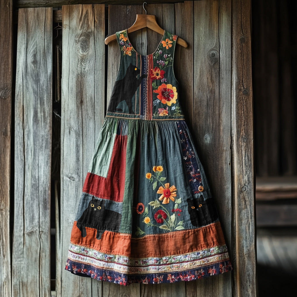 Vintage Black Cat Floral Linen Tank Dress artswardrobe