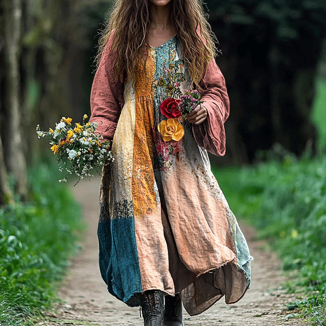 Comstylish Women's Vintage Bohemian Floral Patch V-neck Cotton And Linen Dress
