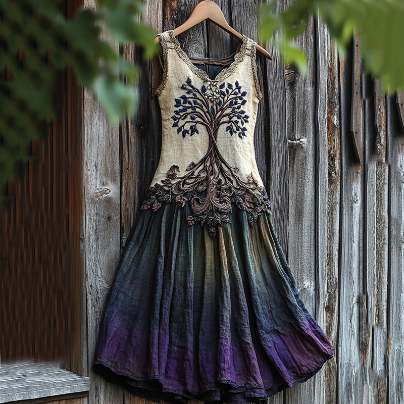 Women's Vintage Viking Tree Of Life Gradient Linen Dress artswardrobe