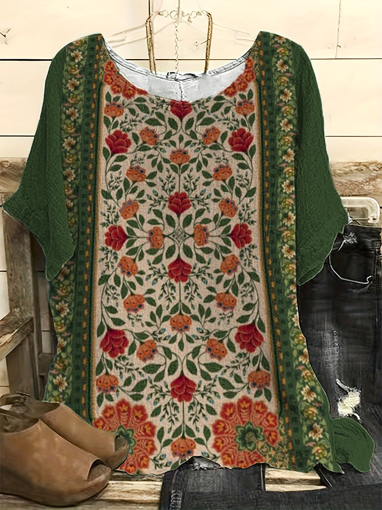 Comstylish Vintage Floral Print Casual Linen Blend Shirt