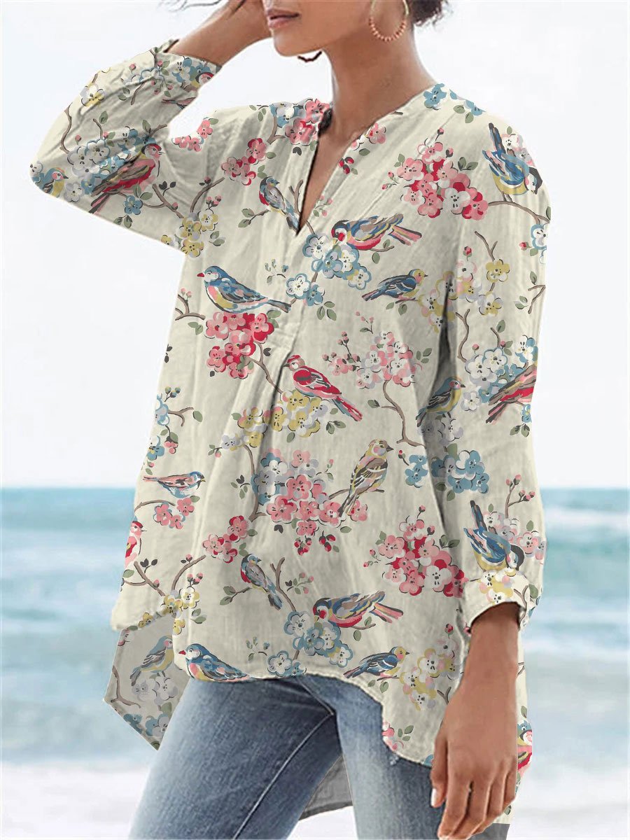 Women's Flower Print Casual Linen V-neck Shirt