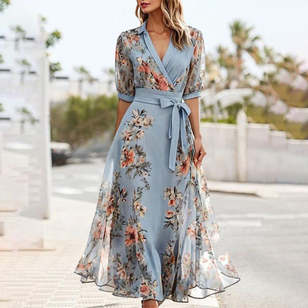 LM | Blue short-sleeved midi dress with a pointed neckline