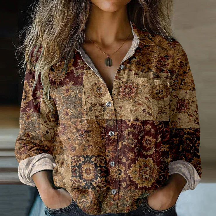 Bohemian Style Ethnic Floral Patchwork Linen Print Long Sleeve Shirt artswardrobe