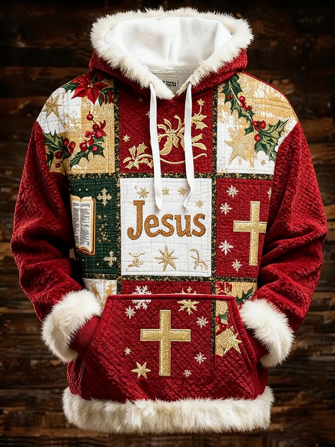 Men's Casual Faith Print Patchwork Fur Collar Hooded Sweatshirt