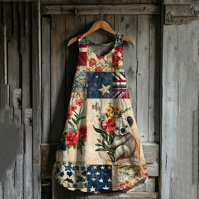 Vintage Loose Australian Save Koala Protect Koala Cute Koala Pattern Art Print Linen Tank Dress artswardrobe