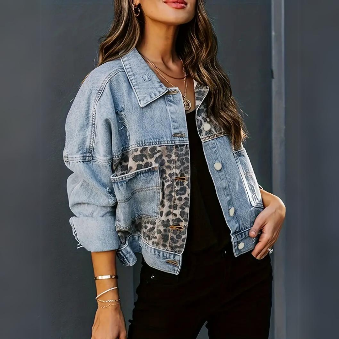 LM | Women's Trendy denim jacket with leopard print