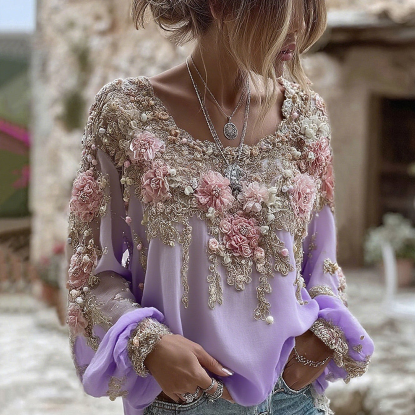 Women's Pink Rose Embroidery Art Round Neck Long Sleeve Linen Blend T-shirt artswardrobe