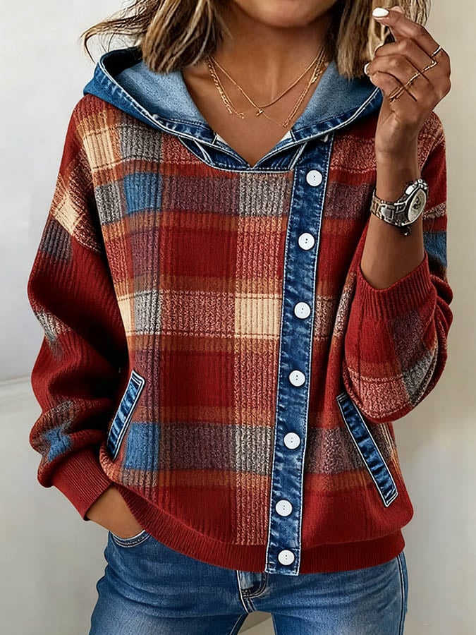 Women'S Casual Contrast Plaid Hooded Sweatshirt