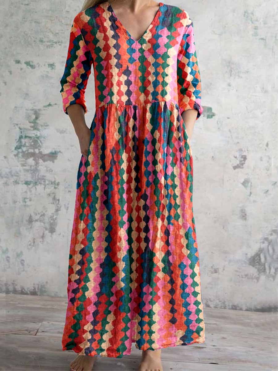 Women's V-Neck Colorful Bohemian Geometric Pattern Cotton and Linen Dr