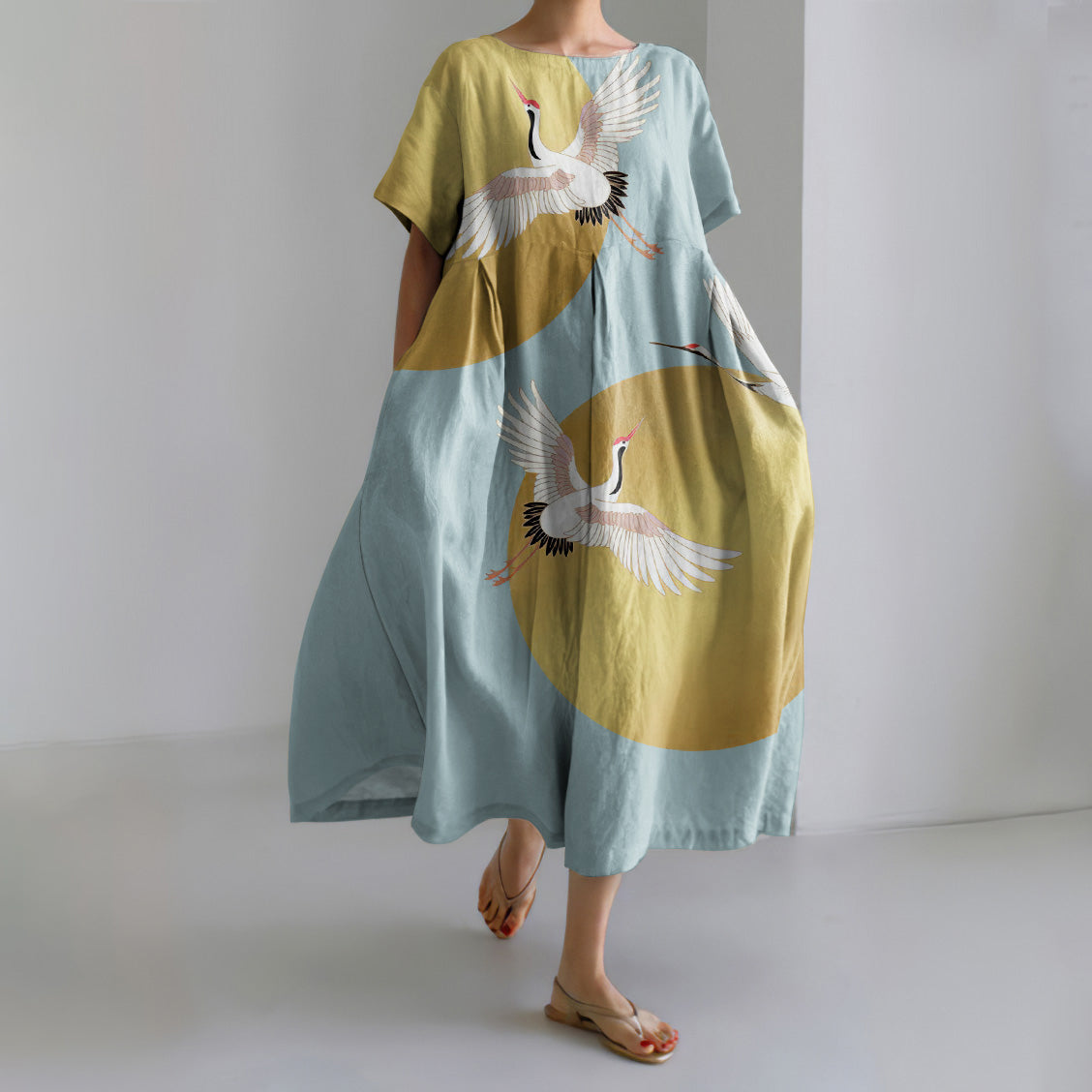 Comstylish Japanese Art Crane Print Short Sleeve Midi Dress