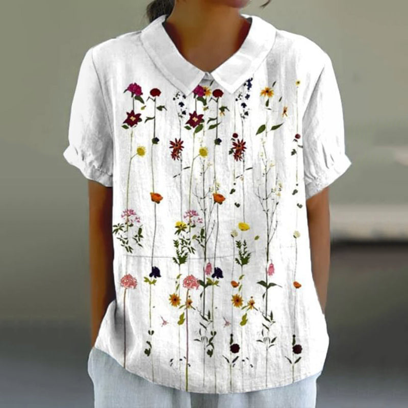 Comstylish Casual Floral Print Cotton And Linen Short Sleeve Tops