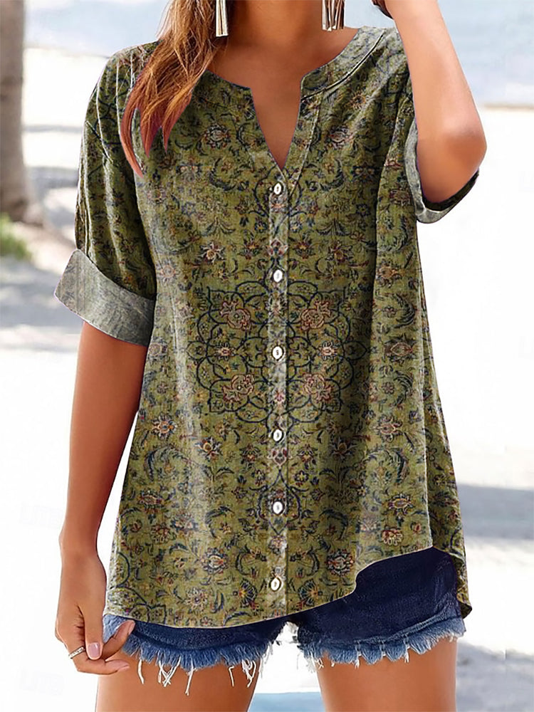 Women's Colorful Ethnic Totem Flower Art Print Casual Cotton And Linen