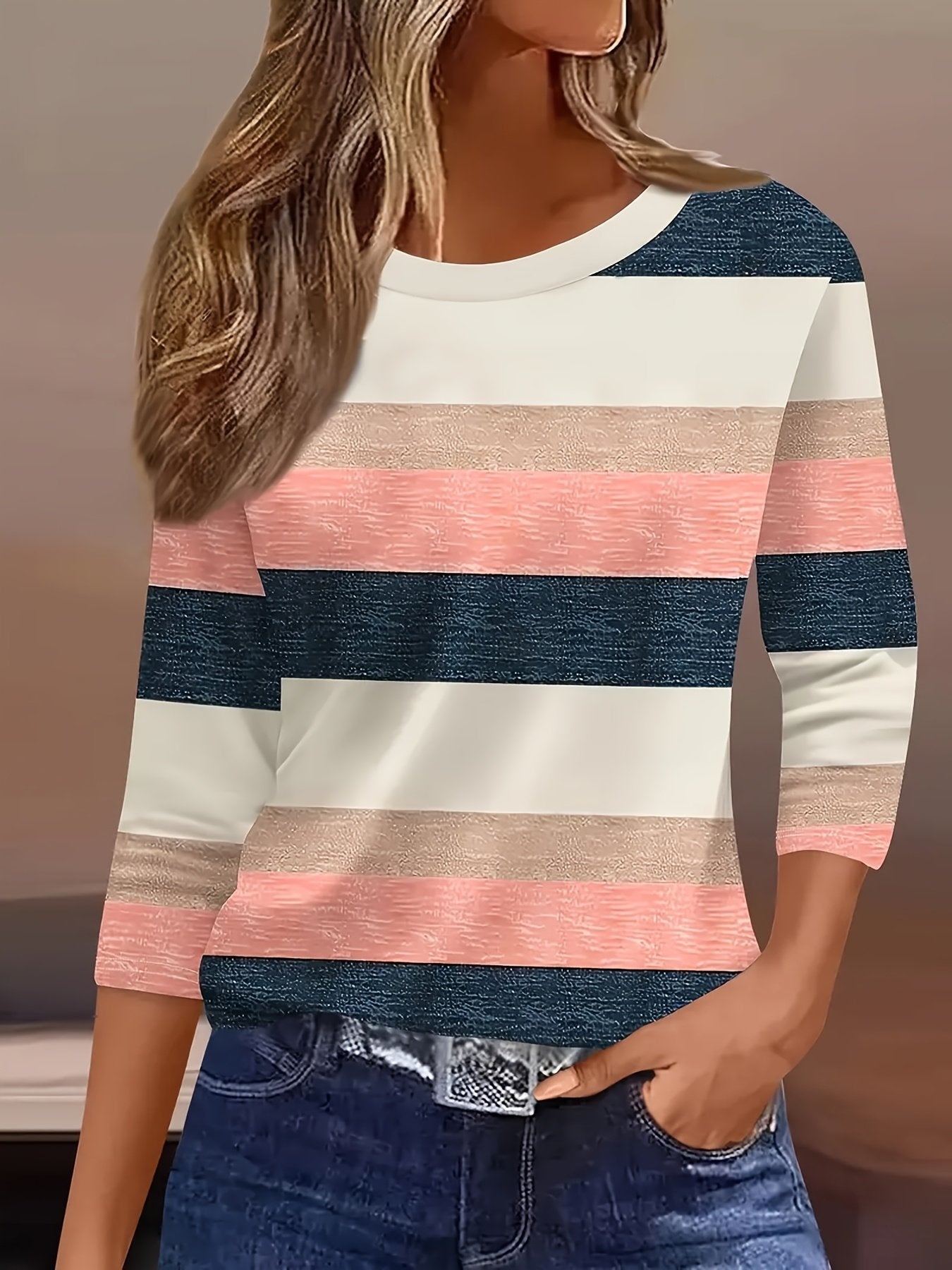 Women's Casual Striped Round Neck Long Sleeve T-Shirt