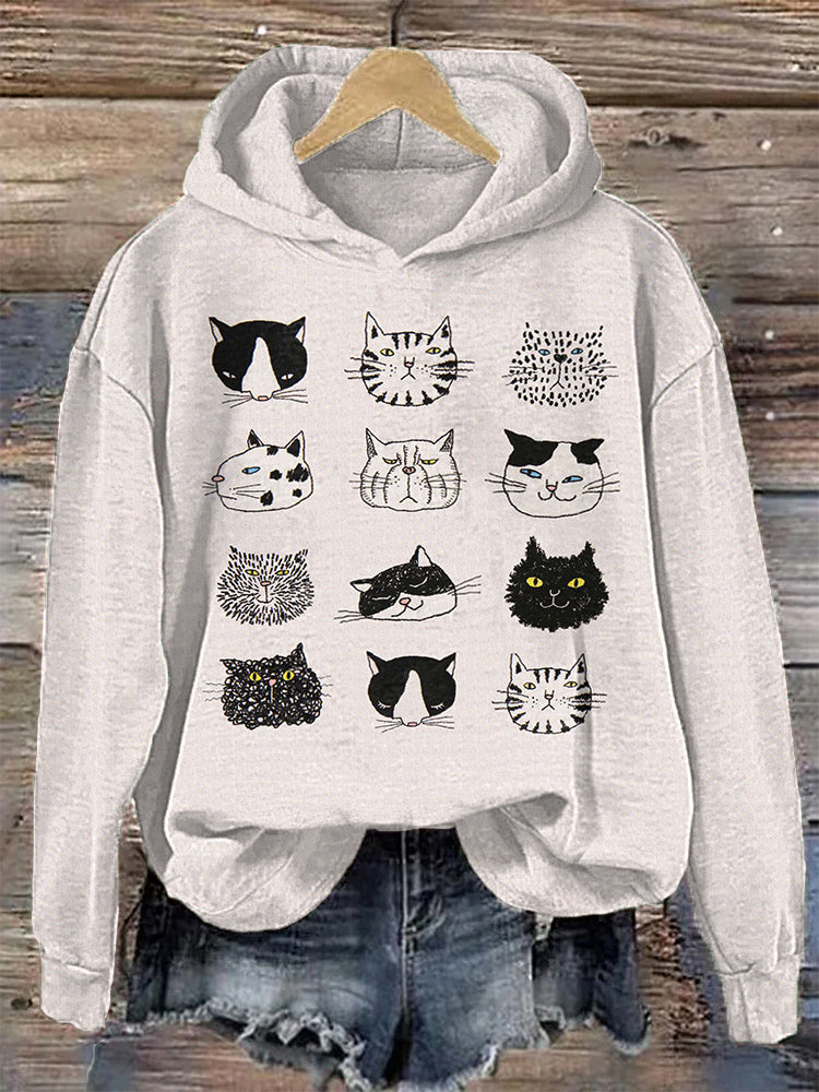 Funny Cat Faces Japanese Art Print Casual Hoodie elevenforest