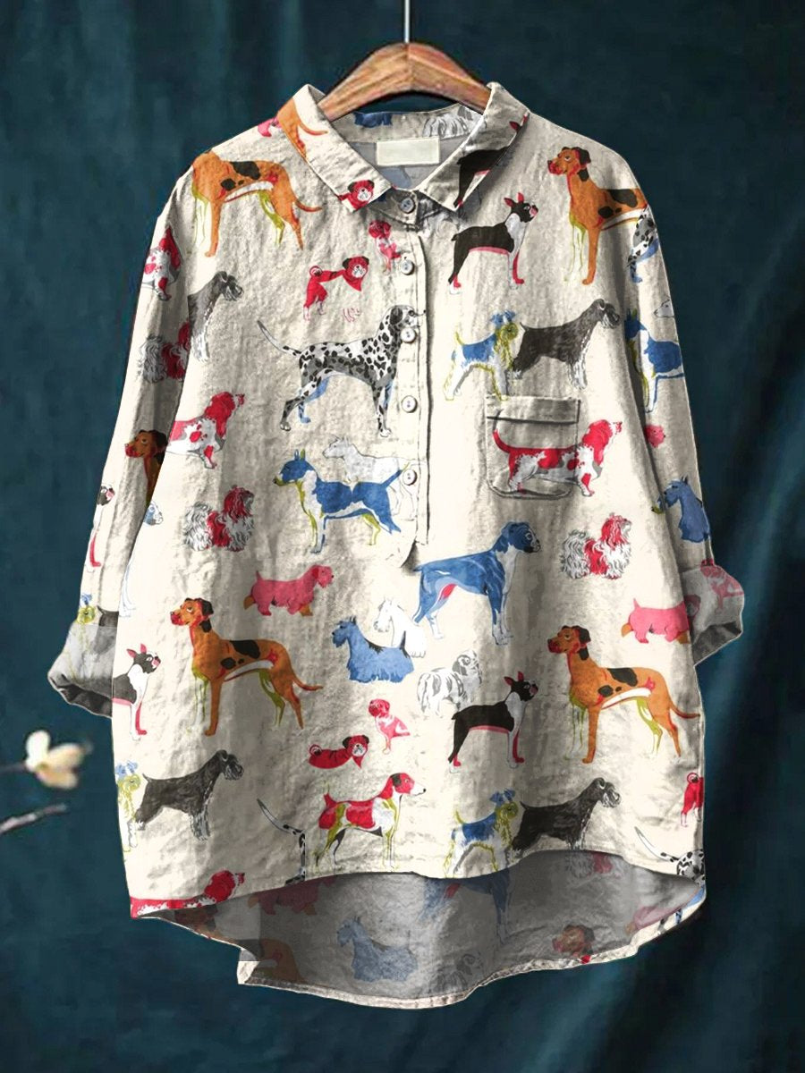 Women's Funny Art Print Casual Cotton And Linen Shirt