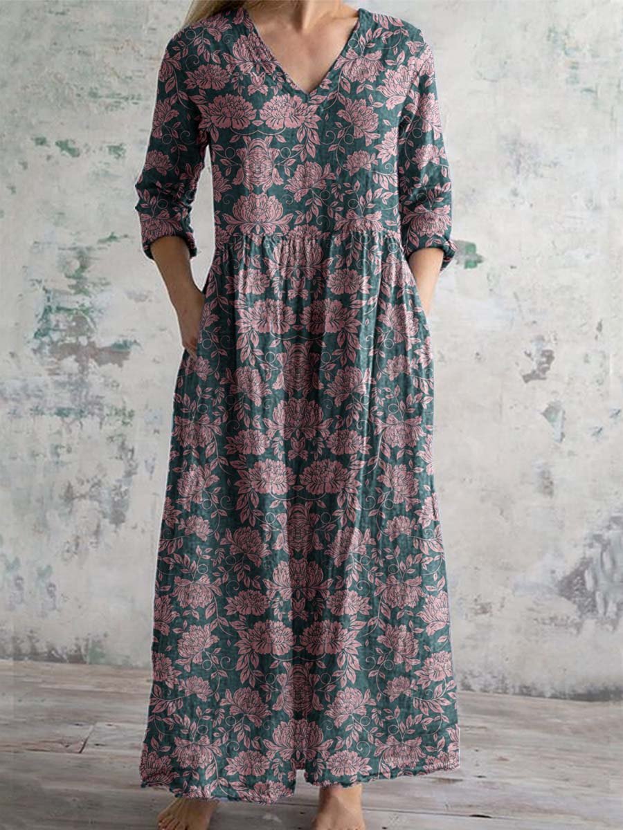Women's Simple Elegant V Neck Floral Pattern Cotton Fabric Dress with Pockets