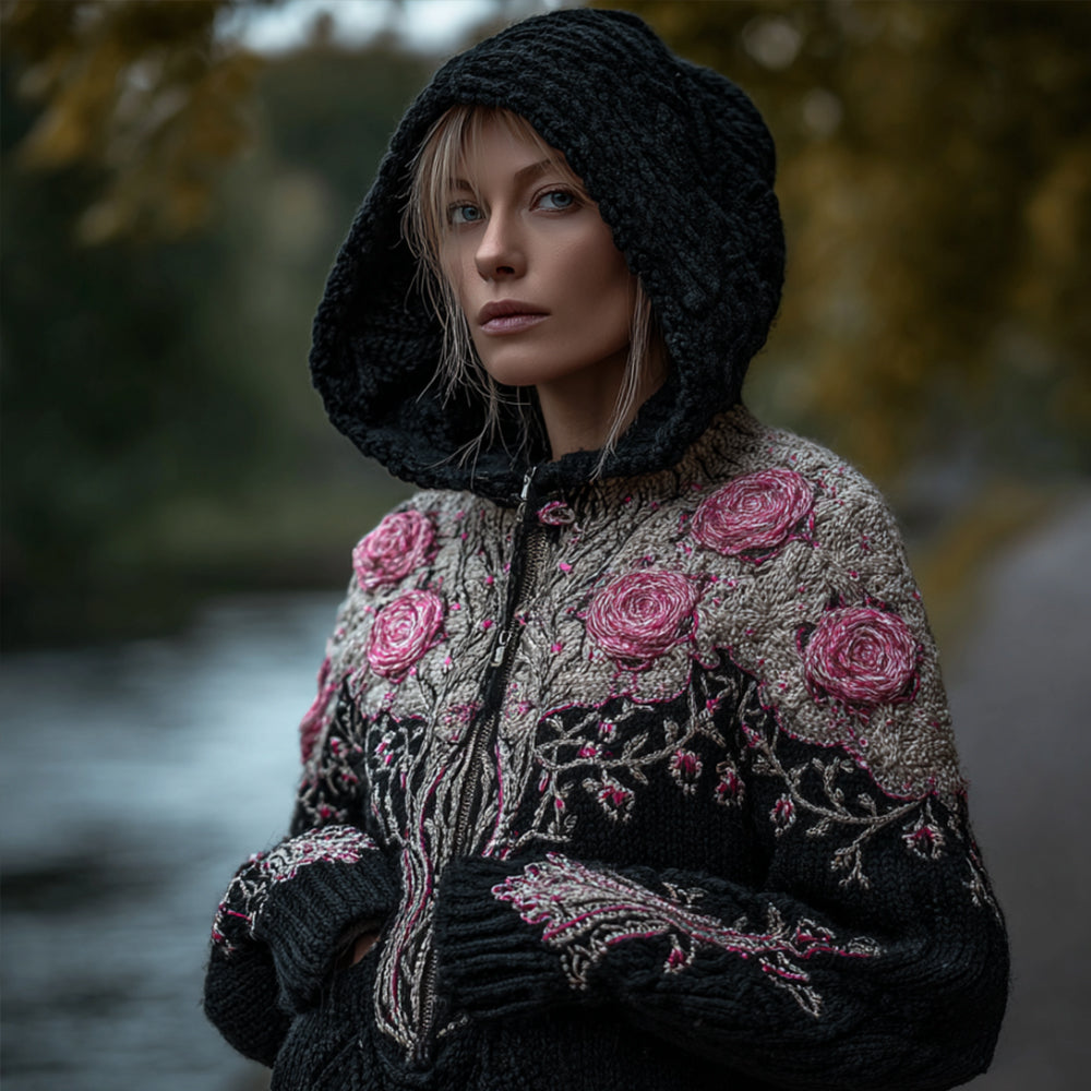 Comstylish Women's Viking Style Tree Of Life And Flower Hooded Cardigan Sweater