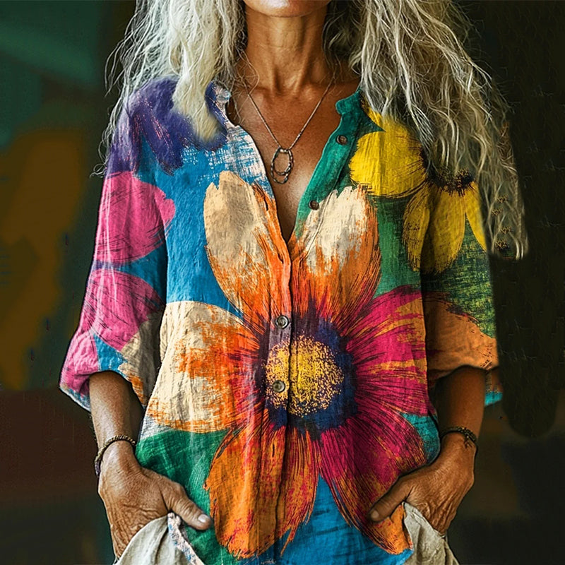 Women's Colorful Tie-dye Sunflower Art Casual Linen Shirt artswardrobe