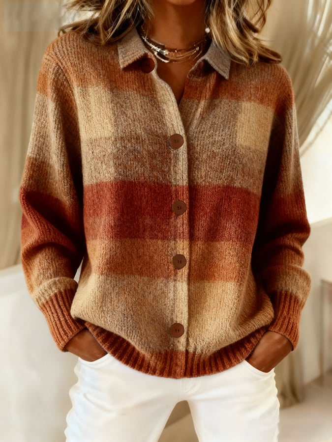 Women's Retro Plaid Art Print Casual Cardigan