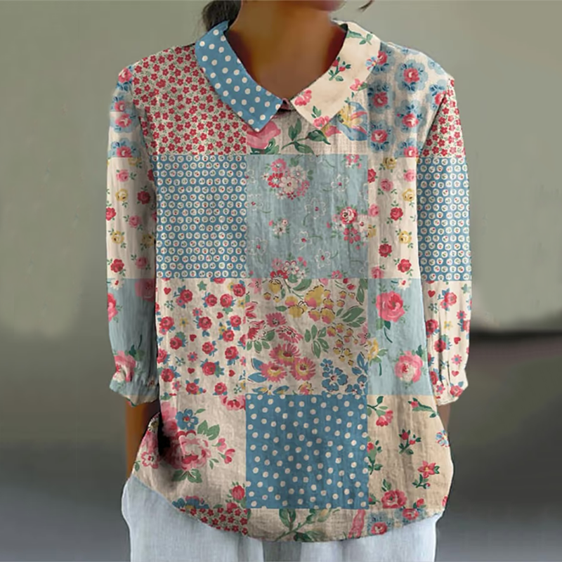 Women's Vintage Spring Lovely Floral Patchwork Art Print Design Lapel Shirt artswardrobe