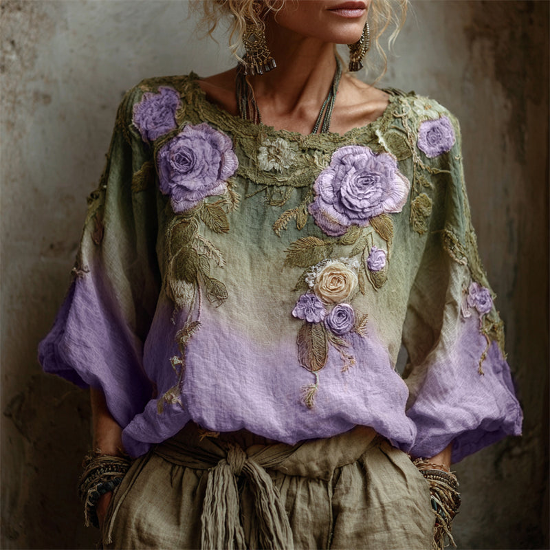 Comstylish Vintage Pink Roses Forest Gradient Linen Tunic