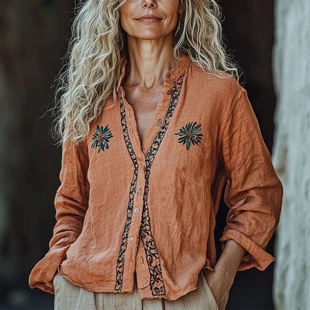 Bohemian Linen Floral Art Print Long Sleeve Loose Shirt artswardrobe