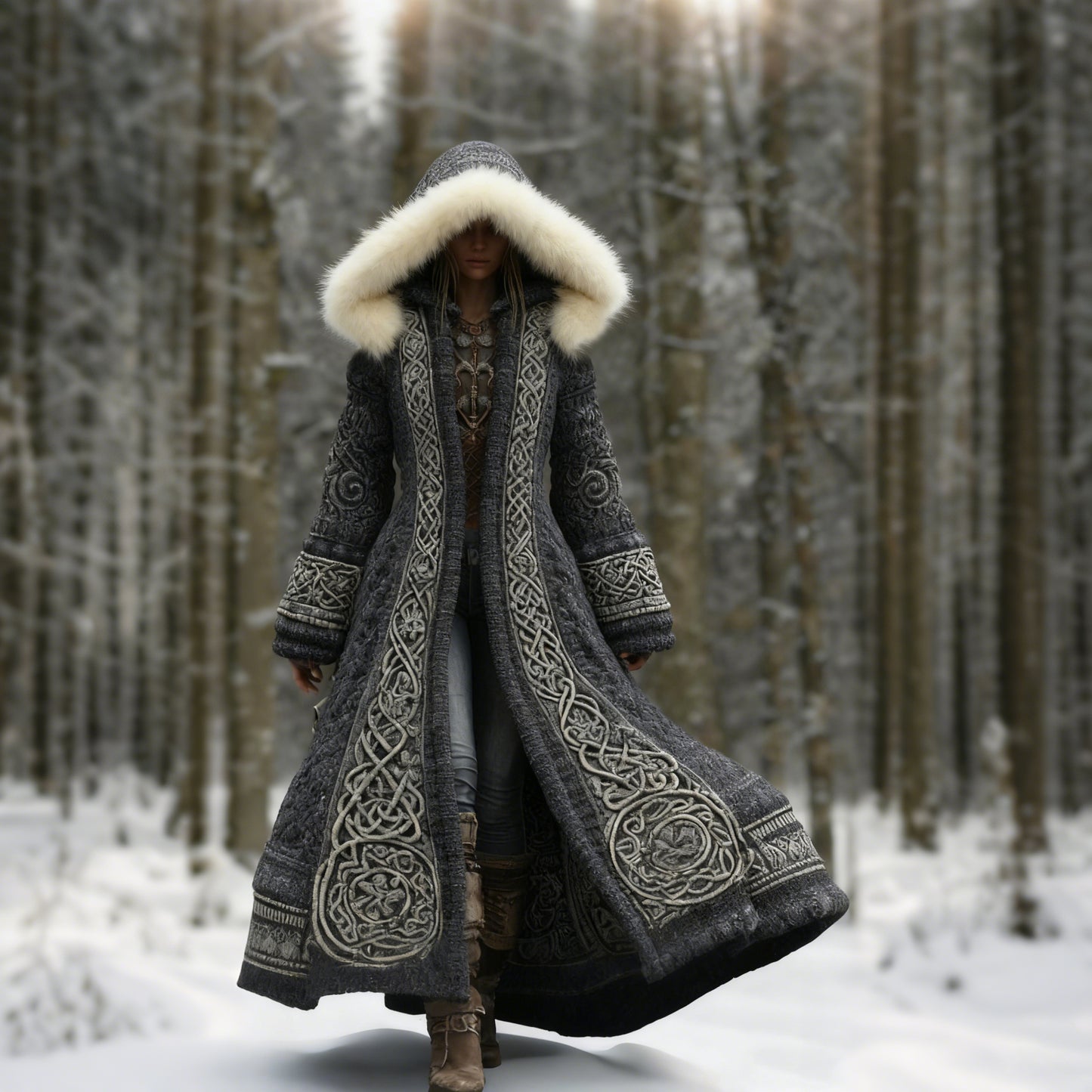 Comstylish Women's Viking Celtic Knot Knitted Jacquard Cozy Fur Trim Hooded Cardigan