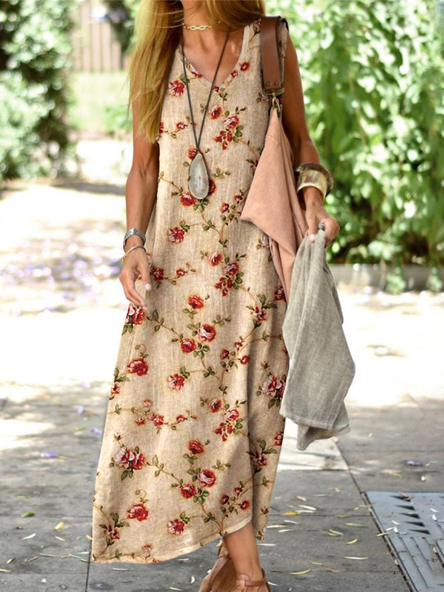 Women's Elegant Simple Floral Loose Cotton And Linen Dress