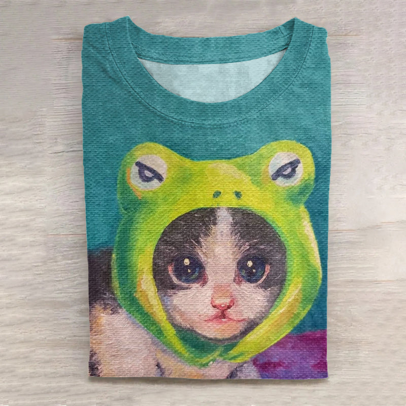 Abstract Creative Cute Cat With Frog Hood Art Print Cotton Graphic T-shirt elevenforest