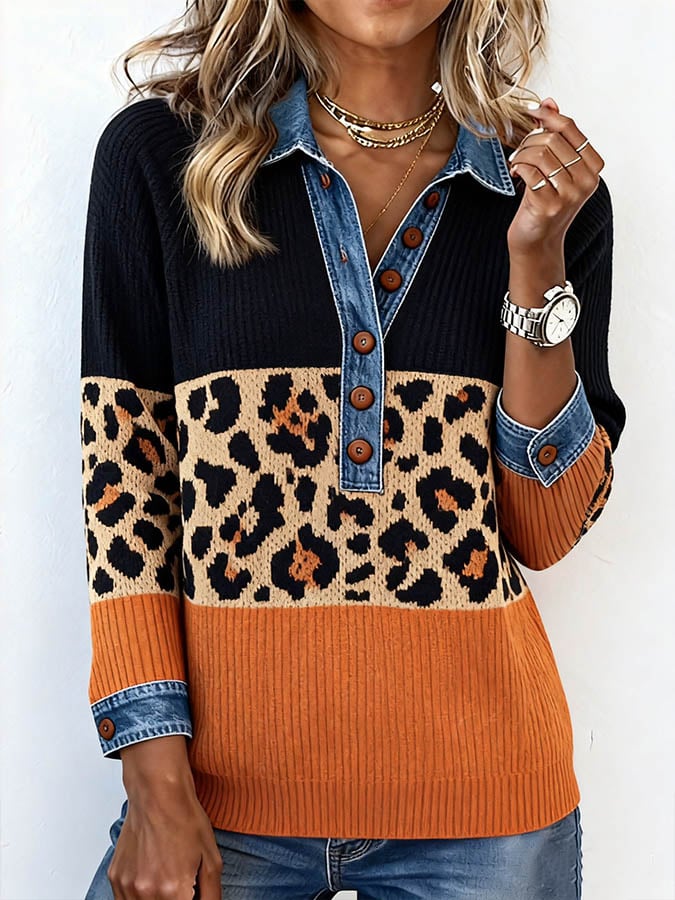 Women'S Contrast Leopard Print Knitted Lapel Top