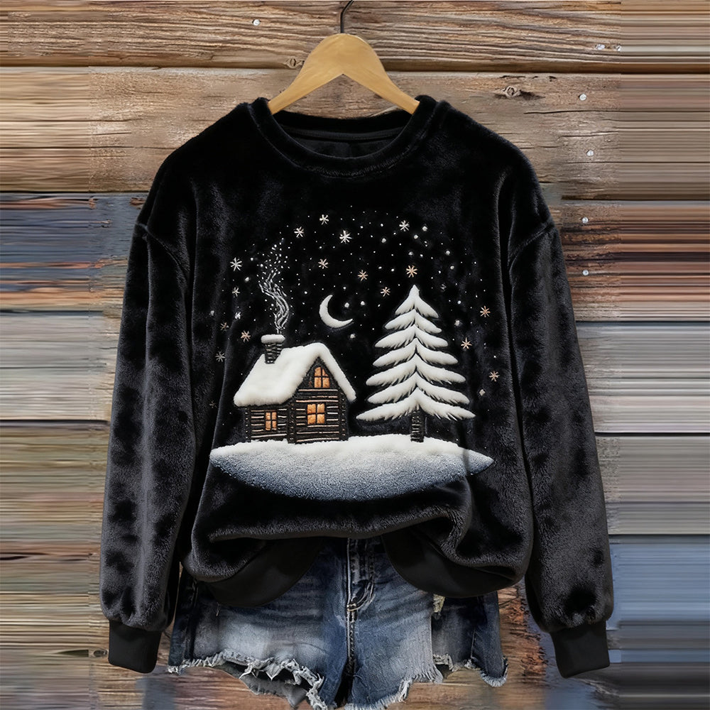 Christmas Snowy Village Pattern Vintage Plush Sweatshirt