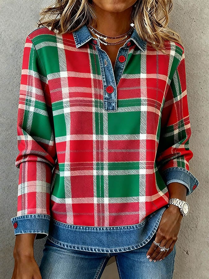 Women'S Casual Lapel Contrast Color Stitching Plaid Top