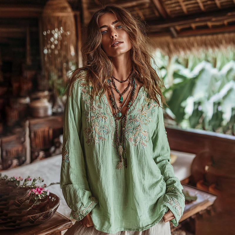 Women's Floral Printed Art V-neck Long Sleeve Tunic