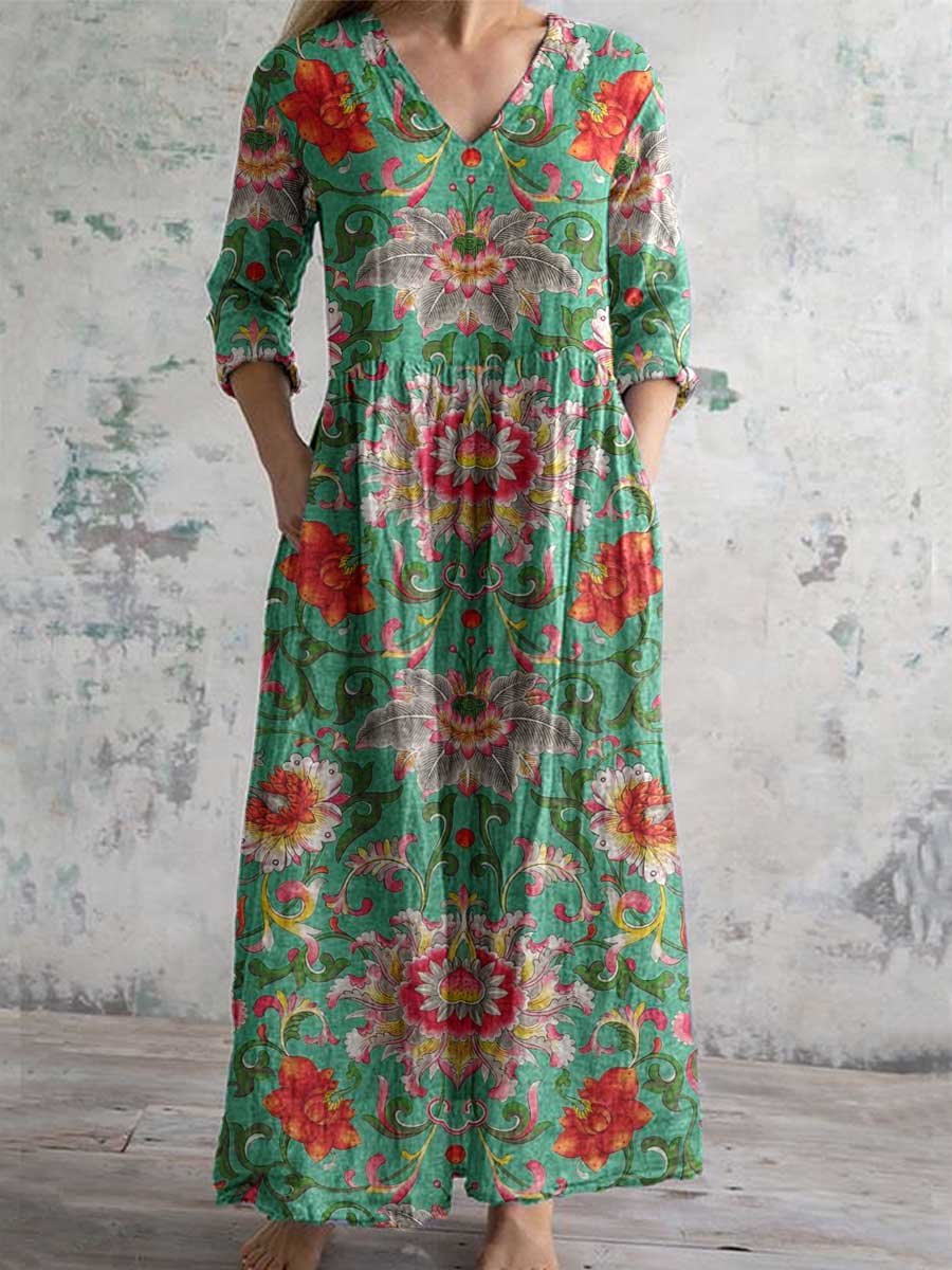 Women's V-neck Abstract Art Floral Pattern Collar Cotton Dress With Pockets