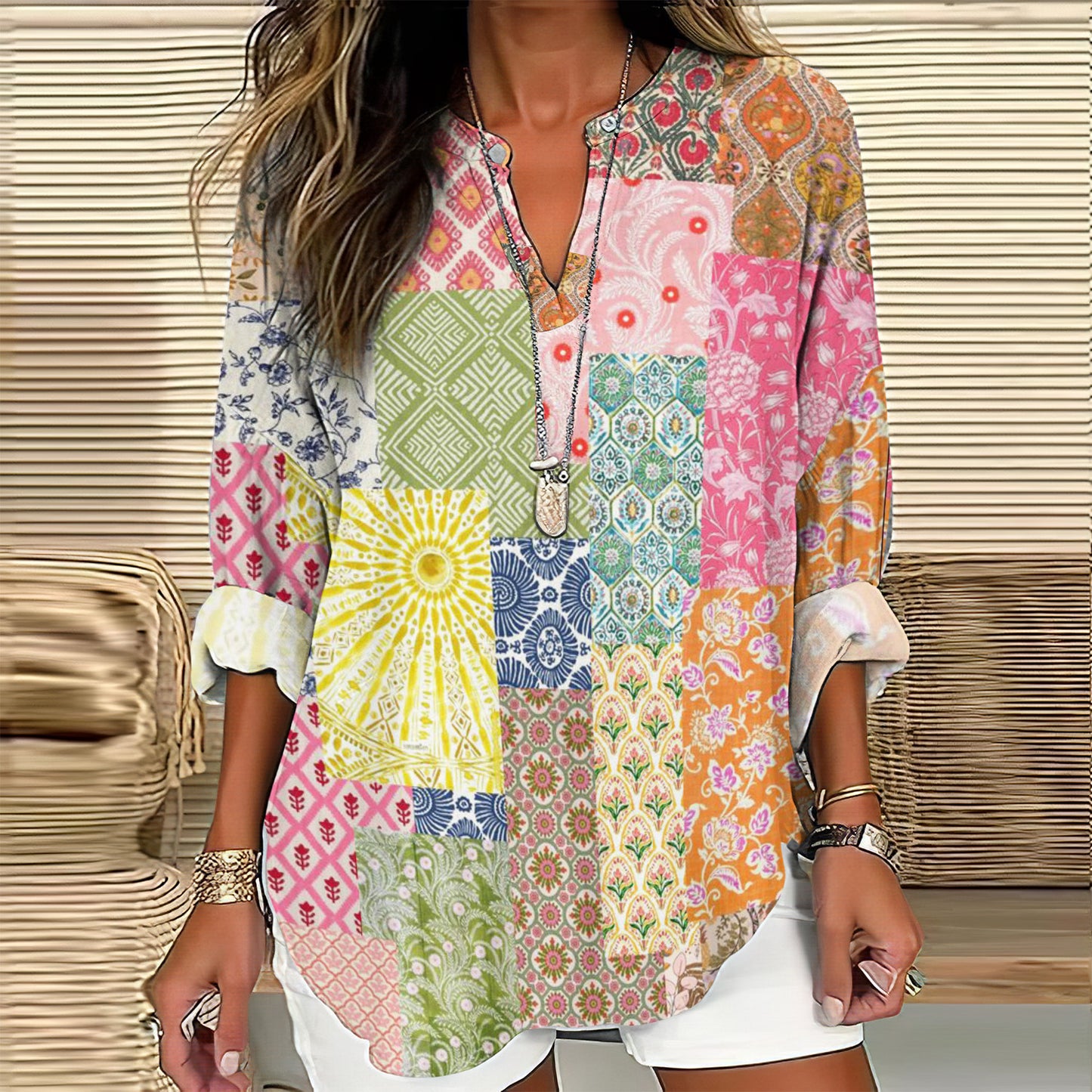 Comstylish Vintage Contrast Floral Painting Japanese Art Linen Blend Tunic