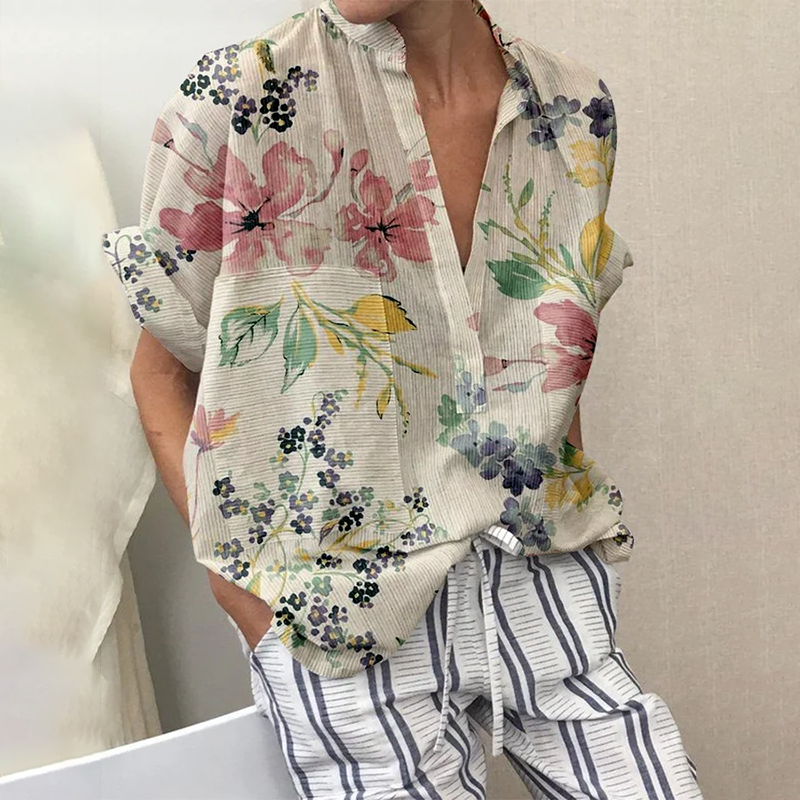 Comstylish Women's Retro Floral Pocket Patchwork Loose Casual Shirt